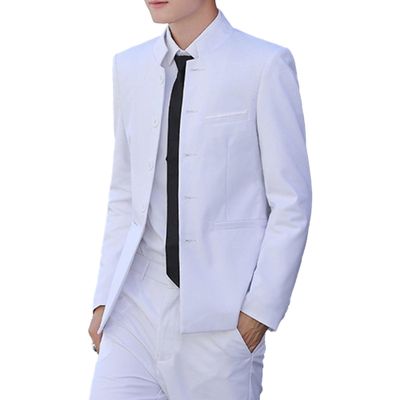 DGHM-JLMY Men's Mandarin Collar Chinese Tunic Suits Traditional Uniform for Wedding Festival Stand Collar Tweed Suit Jackets (White,Medium)