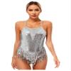 Linjinx Women's Sequin Tassel Latin Dance Dress Mesh Patchwork Backless Leotard Bodysuit Dancewear Silver Large view 1