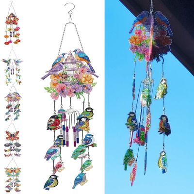 DIY Dotted Diamond Art Painting Wind Chime Kit, Three-Dimensional Sun Catchers Hummingbird Diamonds Dot Paintings Hanging Ornaments for Spring Garden, Handwork Double-Sided Point Drilling (Color : Fl