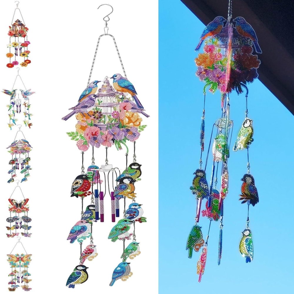 DIY Dotted Diamond Art Painting Wind Chime Kit, Three-Dimensional Sun Catchers Hummingbird Diamonds Dot Paintings Hanging Ornaments for Spring Garden, Handwork Double-Sided Point Drilling (Color : Fl