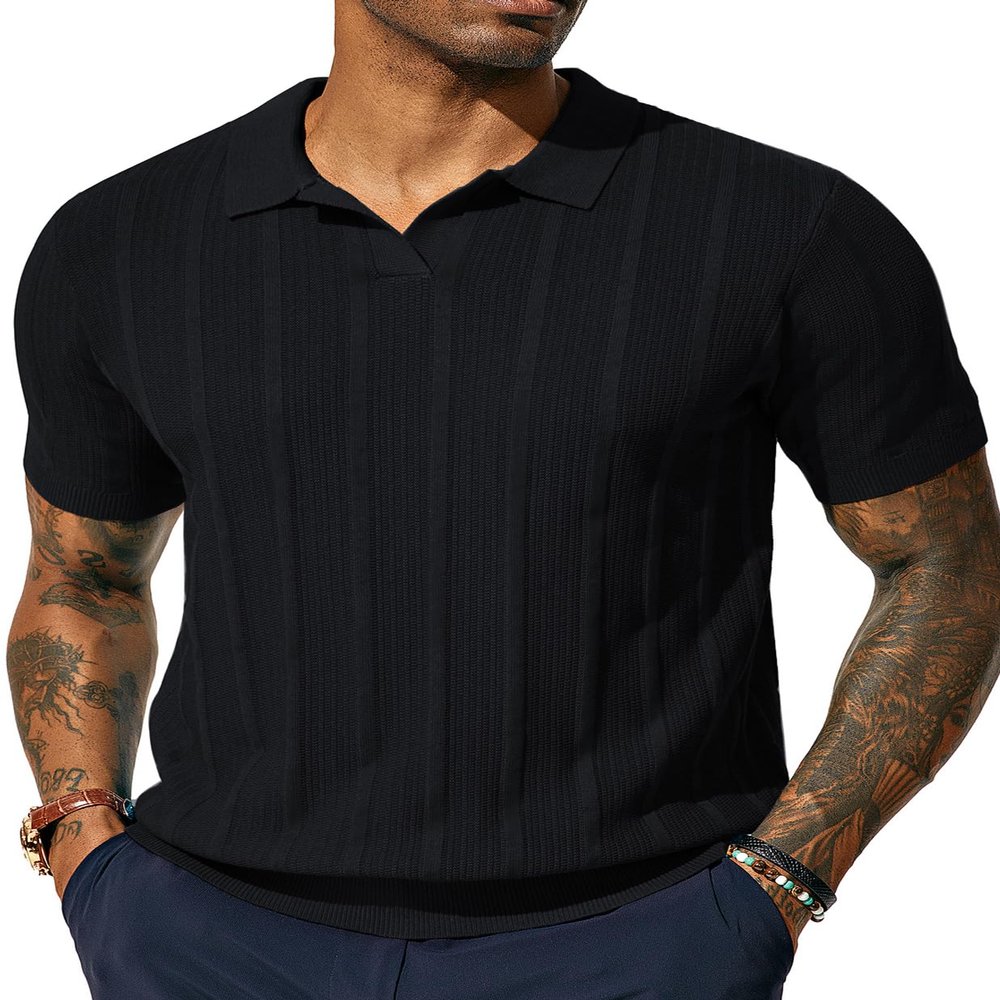 PJ PAUL JONES Mens Polo Shirts Textured Knit Golf Shirts Collared V Neck Polo Shirts Black