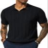 PJ PAUL JONES Mens Polo Shirts Textured Knit Golf Shirts Collared V Neck Polo Shirts Black view 1