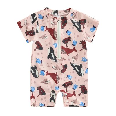 Toddler Boys Swimsuit Infant Sun Protection Rash Guard Wetsuit Zipper One Piece Short Sleeve Beach Bathing Suits (H Brown Whale, 6-12 Months)