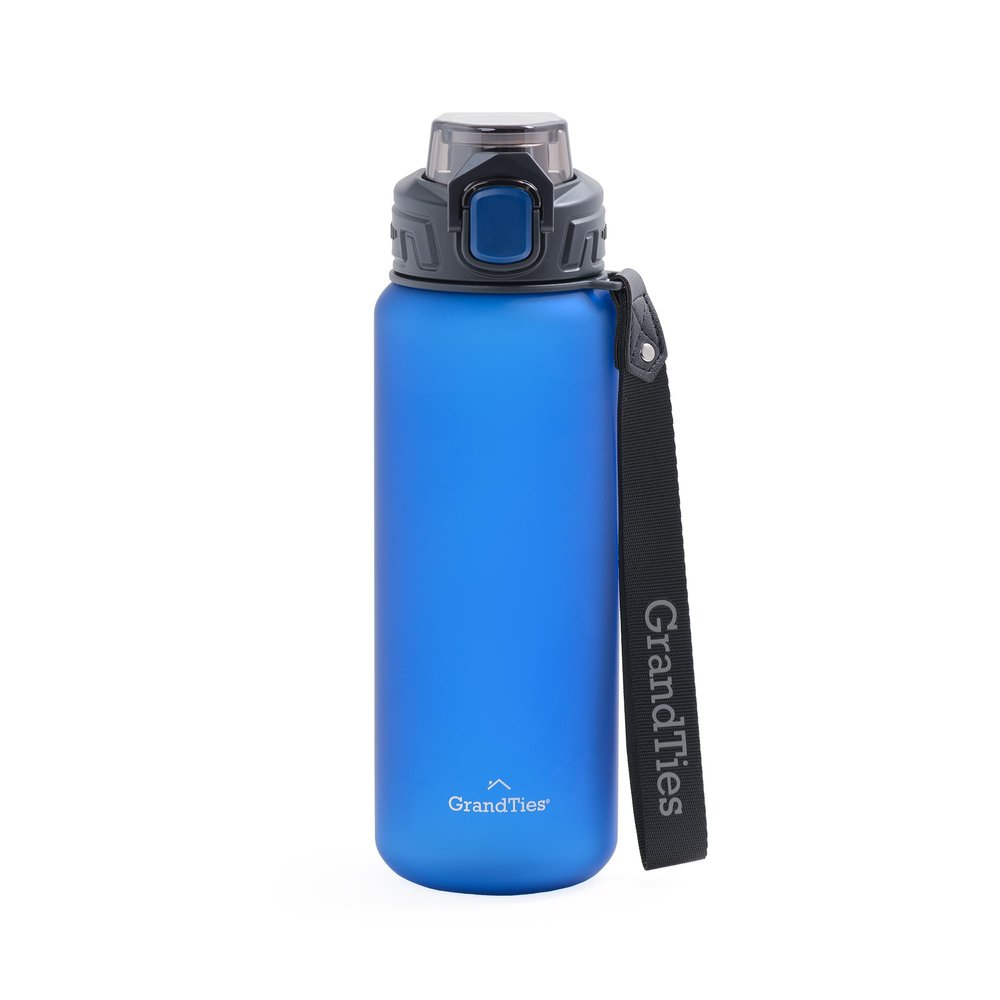 GRANDTIES Sports Tritan Plastic Water Bottle with Straw, Removable Leakproof BPA Free Dishwasher Safe Travel Water Bottle with Strap for Gym, Outdoor, Fitness (Frosted Navy, 28oz (800mL))