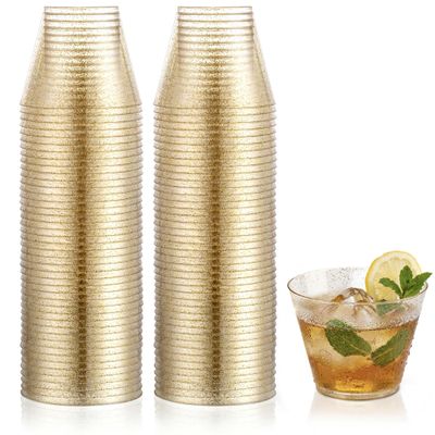 Hioasis 100Pcs 9OZ Gold Glitter Plastic Cups - Gold Plastic Cups, Heavy Duty & BPA-free for Party, Wedding, Celebrations