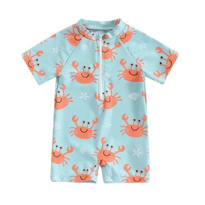 Toddler Boys Swimsuit Infant Sun Protection Rash Guard Wetsuit Zipper One Piece Short Sleeve Beach Bathing Suits (J Orange Crab, 6-12 Months)