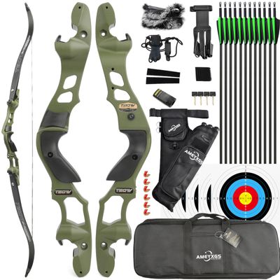 62 Inch Hunting Recurve Bow Kit for Adult Gordon Limbs ILF Interface 30-60Lbs Archery Right Hand Recurve Bow (Olive Green, 60 Lbs)