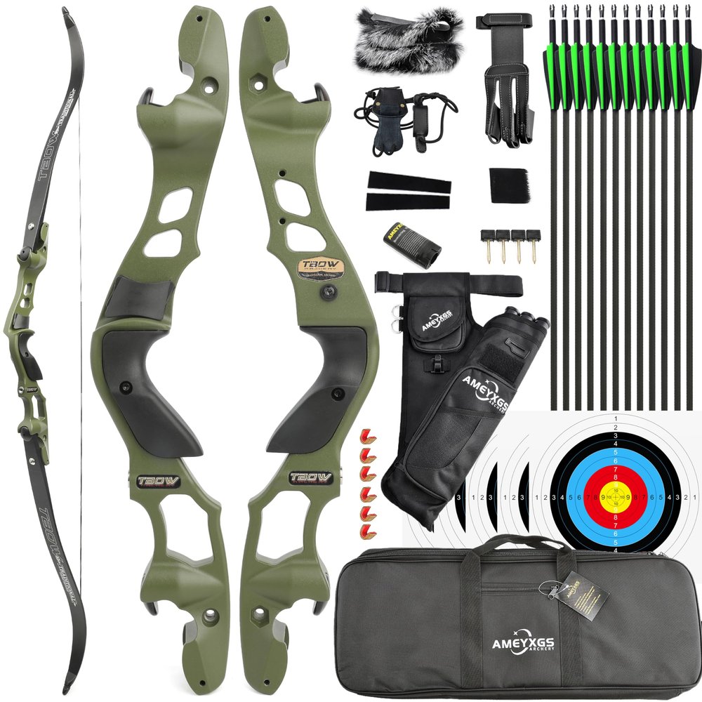 62 Inch Hunting Recurve Bow Kit for Adult Gordon Limbs ILF Interface 30-60Lbs Archery Right Hand Recurve Bow (Olive Green, 60 Lbs)