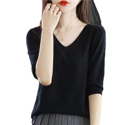 NineFit Basics Spring Autumn Solid Loose Knitting T-Shirt Ladies Half Sleeve Jumpers Tops Simple Female Tees Women's Clothing Black, Large