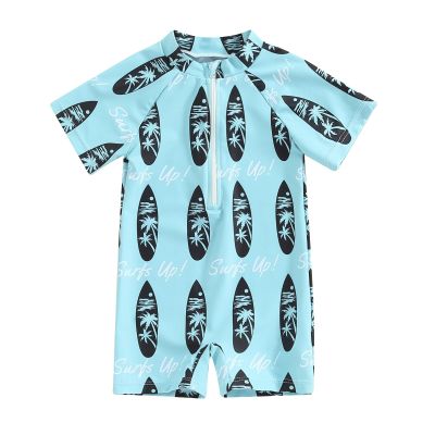 Toddler Boys Swimsuit Infant Sun Protection Rash Guard Wetsuit Zipper One Piece Short Sleeve Beach Bathing Suits (J Blue Tree, 0-3 Months)