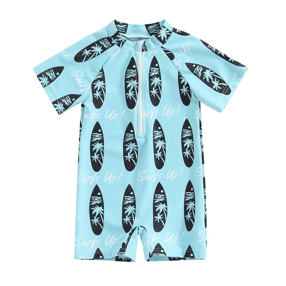Toddler Boys Swimsuit Infant Sun Protection Rash Guard Wetsuit Zipper One Piece Short Sleeve Beach Bathing Suits (J Blue Tree, 0-3 Months)