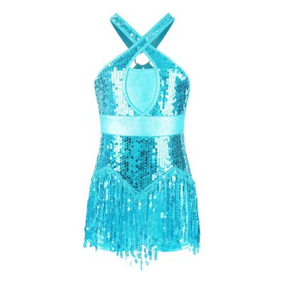 Sinleey Kids Girls Sequins Latin Salsa Ballet Dance Dress Crisscross Back Jazz Fringe Tassel Performance Costume Sky Blue B 10 Years