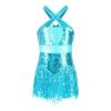Sinleey Kids Girls Sequins Latin Salsa Ballet Dance Dress Crisscross Back Jazz Fringe Tassel Performance Costume Sky Blue B 10 Years view 1