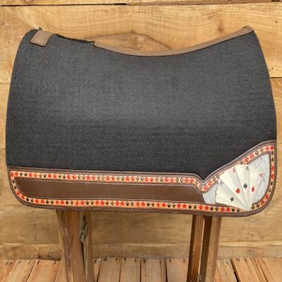Western Saddle Pad for Horses with Reinforced Spine  Hand-Painted Playing Cards on Genuine Cow Leather, Heavy Duty Moisture-Wicking Felt for Comfort