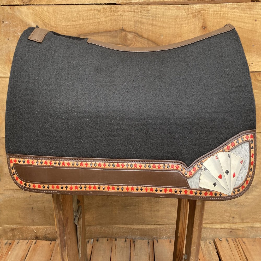 Western Saddle Pad for Horses with Reinforced Spine  Hand-Painted Playing Cards on Genuine Cow Leather, Heavy Duty Moisture-Wicking Felt for Comfort