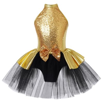 Sinleey Girls Kids Sequins Halter Neck Ballet Dance Leotard Layer Tutu Dress Ballerina Princess Performance Costume Yellow A 14 Years