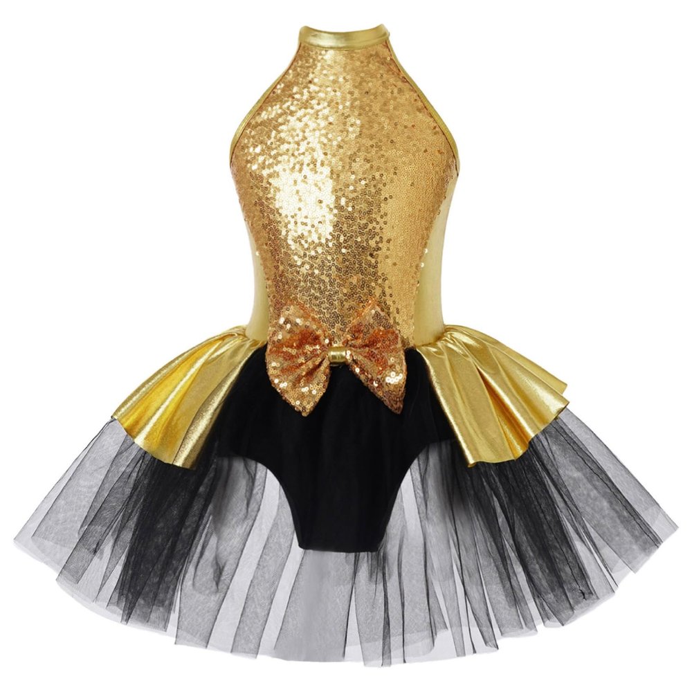 Sinleey Girls Kids Sequins Halter Neck Ballet Dance Leotard Layer Tutu Dress Ballerina Princess Performance Costume Yellow A 14 Years