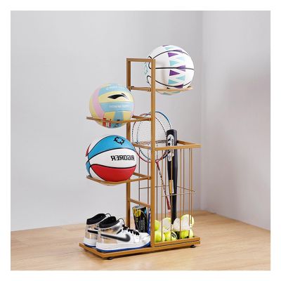 Basketball Storage Rack Garage Sports Equipment Storage Rack 3/4/5-Tier Home Indoor Ball Storage Display Rack with Basket for Volleyball Basketball Football Racket (Color : Gold, Size : 4-Tier)