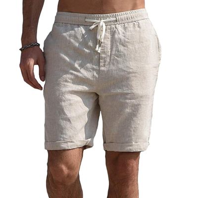 SWJGLITTR Men's Linen Gym Yoga Shorts High Waist Lightweight Workout Men Short Summer Beach Drawstring Casual Shorts (Beige,Medium)