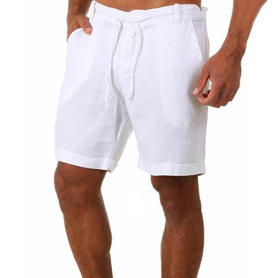 SWJGLITTR Men's Linen Casual Short Drawstring Summer Beach Shorts Cotton Leisure Jogger Short Pants (White,Small)