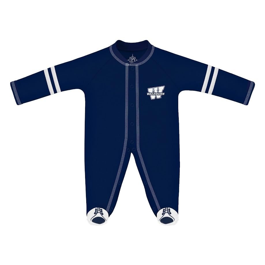 Creative Knitwear College Baby Infant Sports Shoe Footed Romper Long Sleeve- Washburn Ichabods Logo, Navy/White, Size 0-3 Months