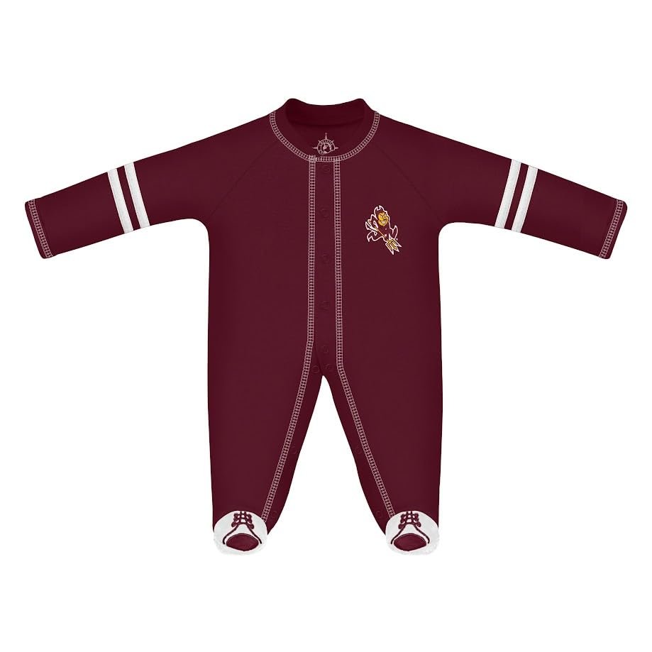 Creative Knitwear College Baby Infant Sports Shoe Footed Romper Long Sleeve- Arizona State Sun Devils Logo, Maroon/White, Size 6-9 Months
