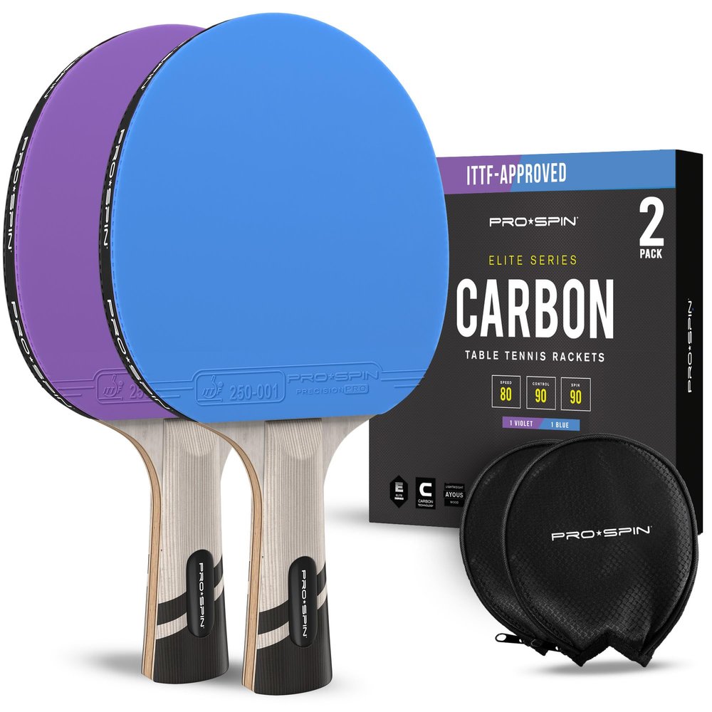 PRO-SPIN Ping Pong Paddles  ITTF Approved Professional Table Tennis Rackets with Carbon Fiber for Superior Control | 7-Ply Blade, Premium Rubber, 2.0mm Sponge (Blue|Violet, 2-Pack)
