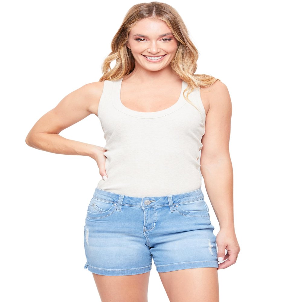 Royalty For Me Women's Wannabettabutt Side Slit Hem Denim Shorts Deal, Light Blue Rips, 10