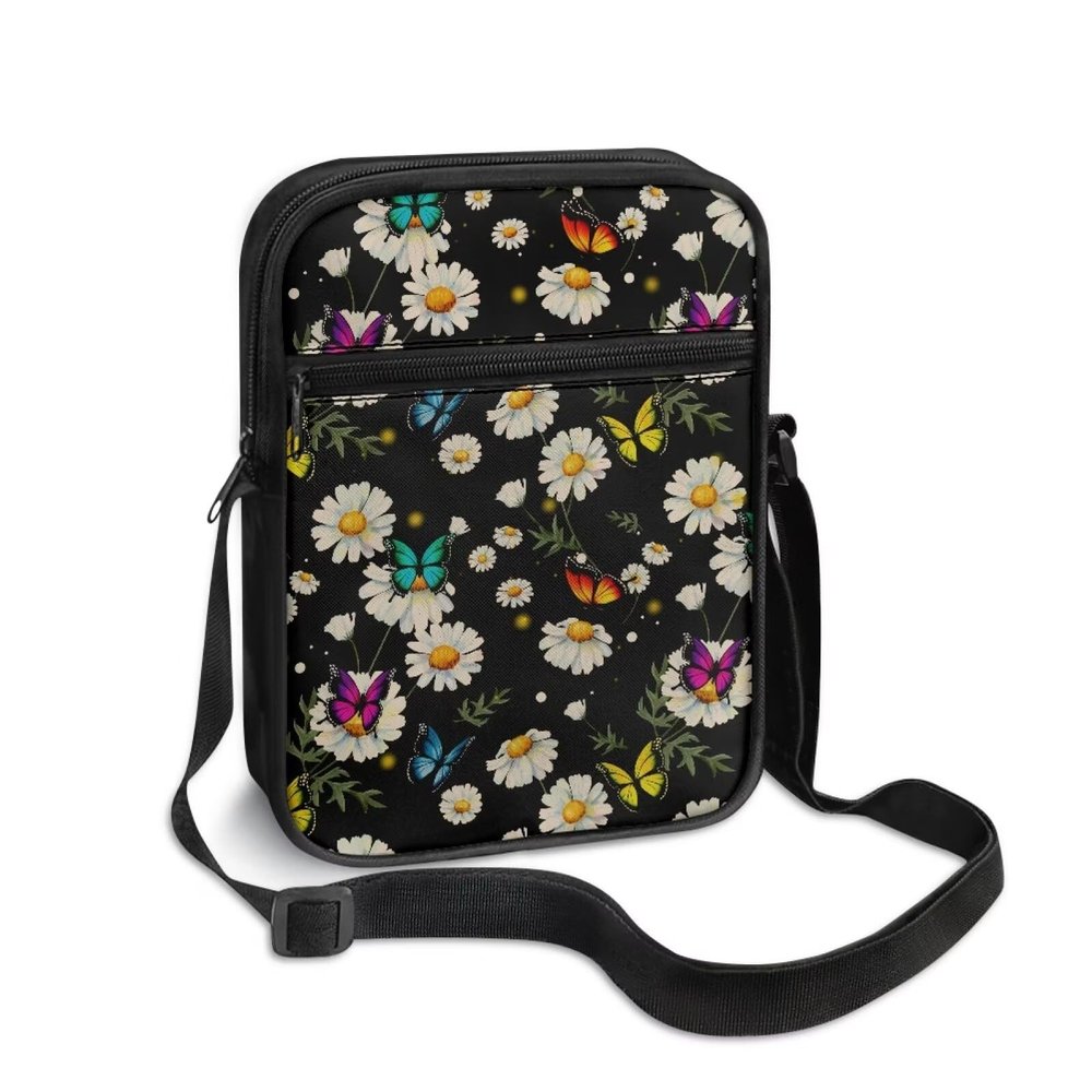 TODIYADDU White Daisy Flower Sling Bag for Women Crossbody Purse Butterfly Leaves Messenger Bag Small Shoulder Bag Mini Phone Pouch Purse with Adjustable Strap and Zip Pocket Portable Chest Bag
