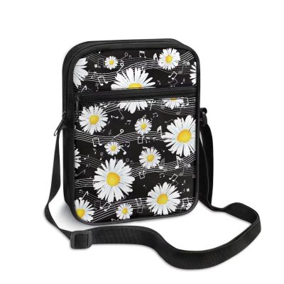 TODIYADDU Daisy Flower Messenger Bag for Women Crossbody Purse Music Notes Shoulder Bag with Zipper Closure Waterproof Travel Sling Bag for Watch Cards Keys Lipstick Small Cell Phone Purse Wallet