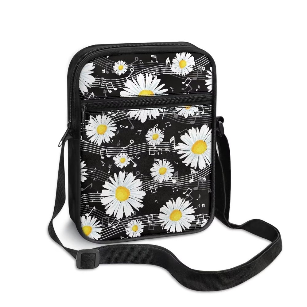 TODIYADDU Daisy Flower Messenger Bag for Women Crossbody Purse Music Notes Shoulder Bag with Zipper Closure Waterproof Travel Sling Bag for Watch Cards Keys Lipstick Small Cell Phone Purse Wallet