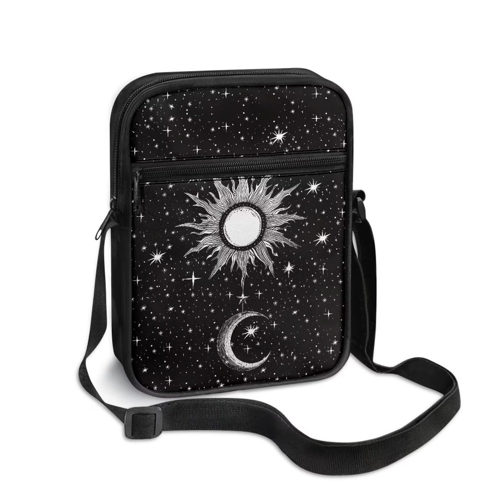 TODIYADDU Black Moon Sun Shoulder Bag for Women Men Crossbody Sling Bag Trendy Messenger Bag Small Cell Phone Purse Holder Wallet Portable Handbags for Notebook Keys Cards Nice Chest Bag