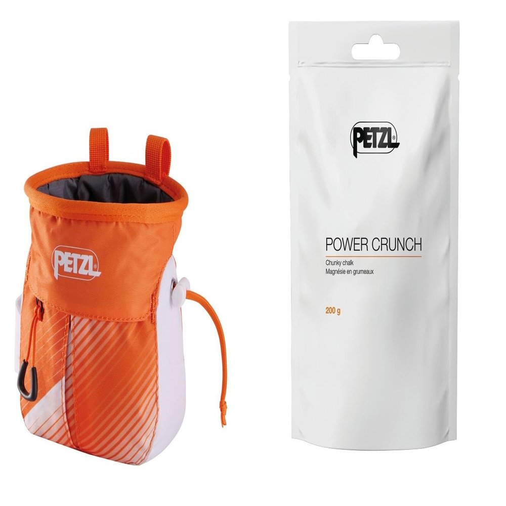 Petzl Sakapoche Chalk Bag with Power Crunch - 200g, Ergonomic Chalk Bag with Zip Pocket for Gym, Sports and Trad Climbing - Orange/White