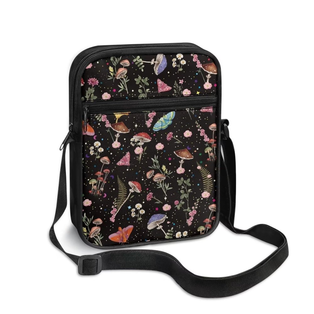 TODIYADDU Floral Mushroom Messenger Bag for Women Starry Butterfly Shoulder Bag with Adjustable Straps Lightweight Sling Purse Chest Bag for Daily Items Portable Crossbody Phone Bag Trendy Handbags