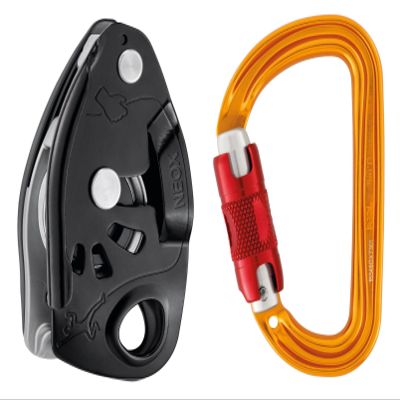 PETZL NEOX Belay Device with Sm'D Twist-Lock Carabiner - Belay Device with Cam-Assisted Blocking for Sport, Trad, & Top-Rope Climbing - Black