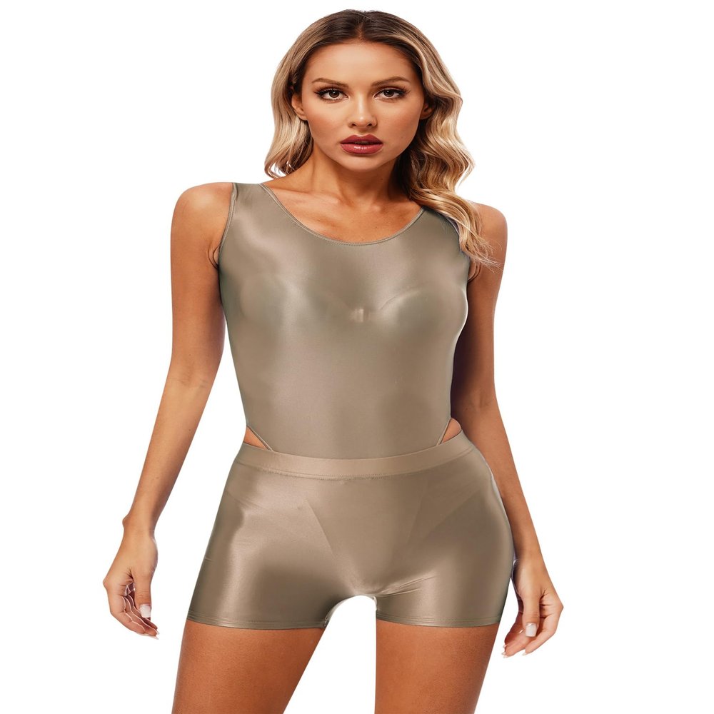 renvena Womens Glossy Gymnastics Leotard Dance Workout Outfits Sleeveless Bodysuit with Shorts Coffee X-Large