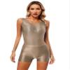 renvena Womens Glossy Gymnastics Leotard Dance Workout Outfits Sleeveless Bodysuit with Shorts Coffee X-Large view 1