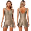 renvena Womens Glossy Gymnastics Leotard Dance Workout Outfits Sleeveless Bodysuit with Shorts Coffee X-Large view 3