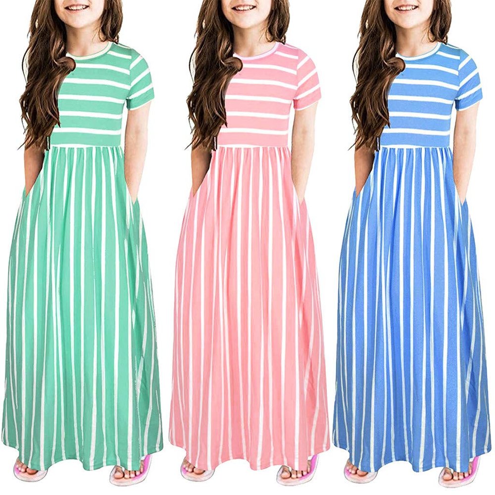 AIMAOMI Girl's Short Sleeve Striped Print Loose Casual Long Maxi Dress with Pockets 4~12 Years Summer (Pink, 7-8 Years)