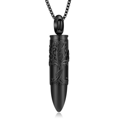 XSMZB Bullet Cremation Ashes Jewelry Tree of Life Keepsake Urn Necklace for Ashes Stainless Steel Memorial Pendant for Women Men(Black)