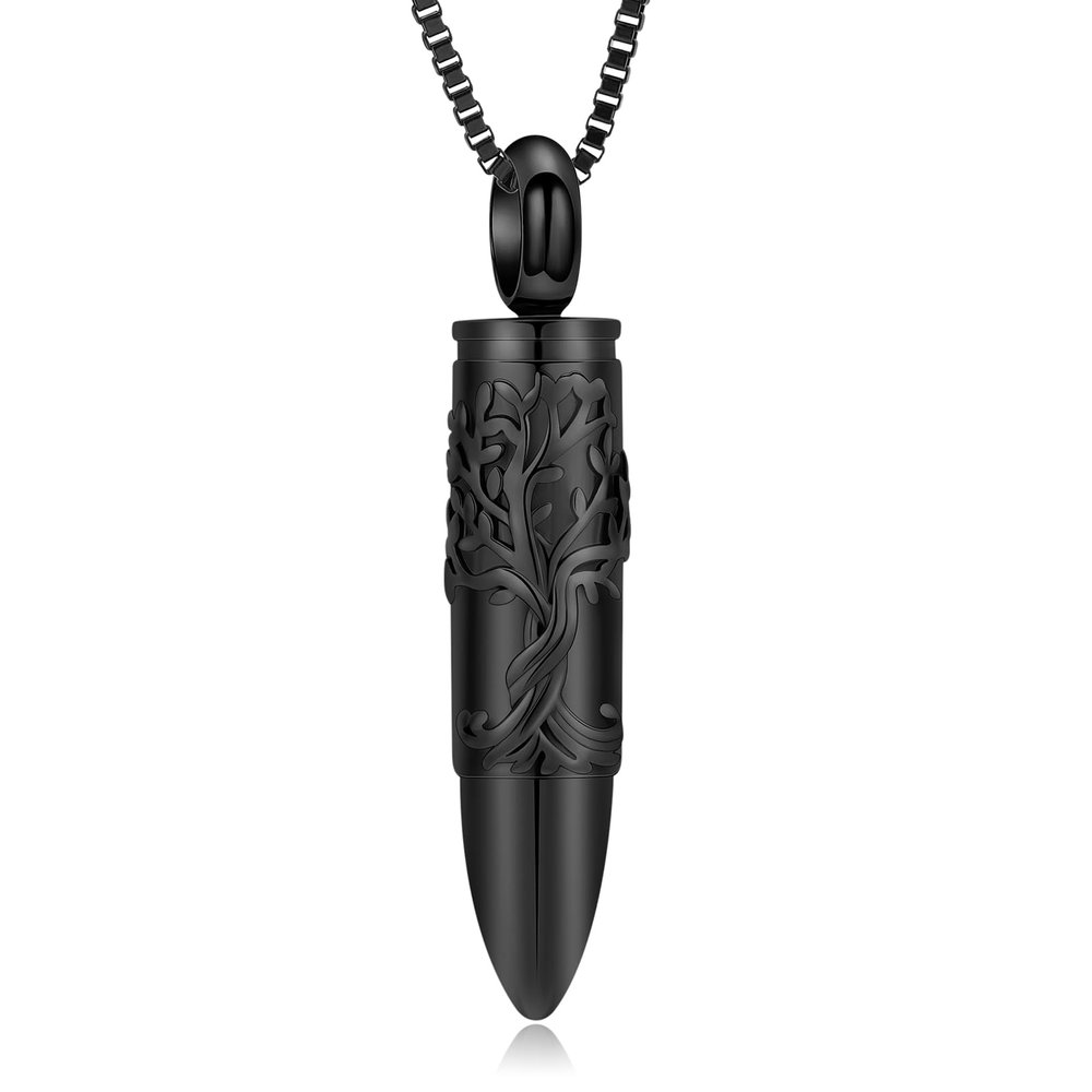 XSMZB Bullet Cremation Ashes Jewelry Tree of Life Keepsake Urn Necklace for Ashes Stainless Steel Memorial Pendant for Women Men(Black)