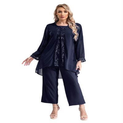 renvena Womens Dressy Wedding Outfit 3 Piece Mother's Pants Suits with Tank Top and Draped Cardigan Navy X-Large