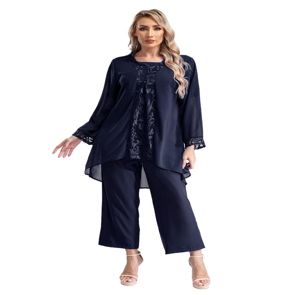 renvena Womens Dressy Wedding Outfit 3 Piece Mother's Pants Suits with Tank Top and Draped Cardigan Navy X-Large