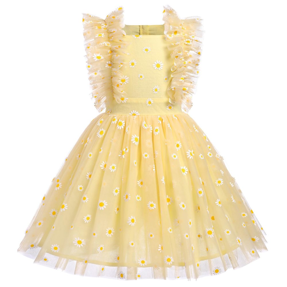 ABEWIP Girls Polka Dots Butterfly Tulle Ruffle Dress Toddler Girl Kids Flutter Sleeve Birthday Party Dresses Yellow Daisy Flower 100/3-4Y