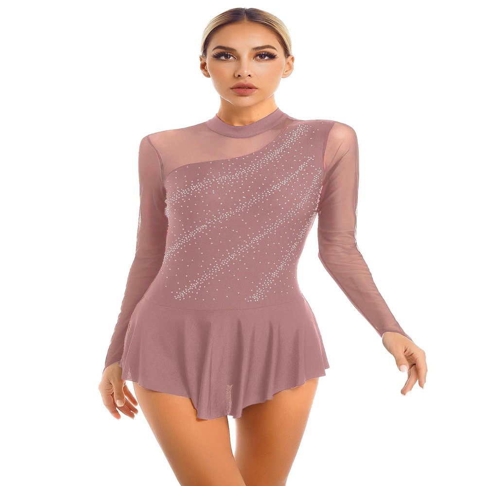 Women's Long Sleeve Figure Ice Skating Dress Lyrical Dance Costume Dusty Pink Small
