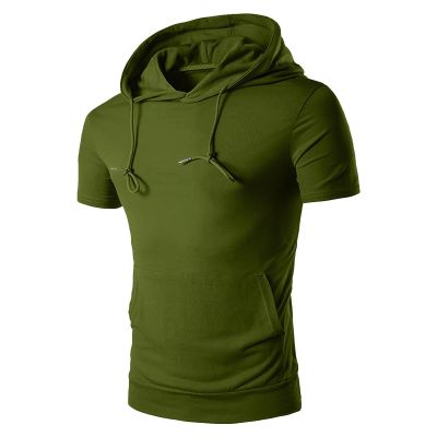 Men's Gym Hoodies Workout T Shirts Lightweight Hooded Tops Muscle Short Sleeve Tees Athletic Blouses with Pockets Army Green