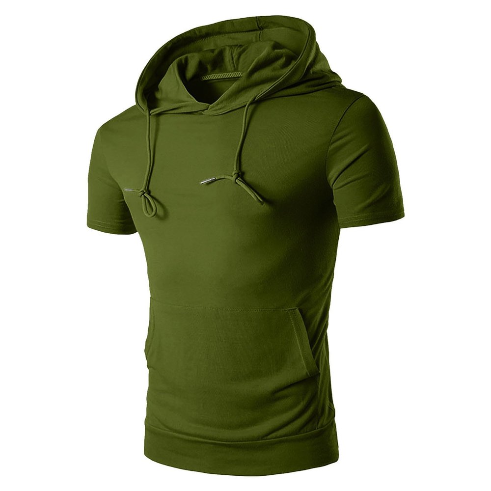 Men's Gym Hoodies Workout T Shirts Lightweight Hooded Tops Muscle Short Sleeve Tees Athletic Blouses with Pockets Army Green