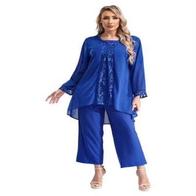 renvena Womens Dressy Wedding Outfit 3 Piece Mother's Pants Suits with Tank Top and Draped Cardigan Blue Large