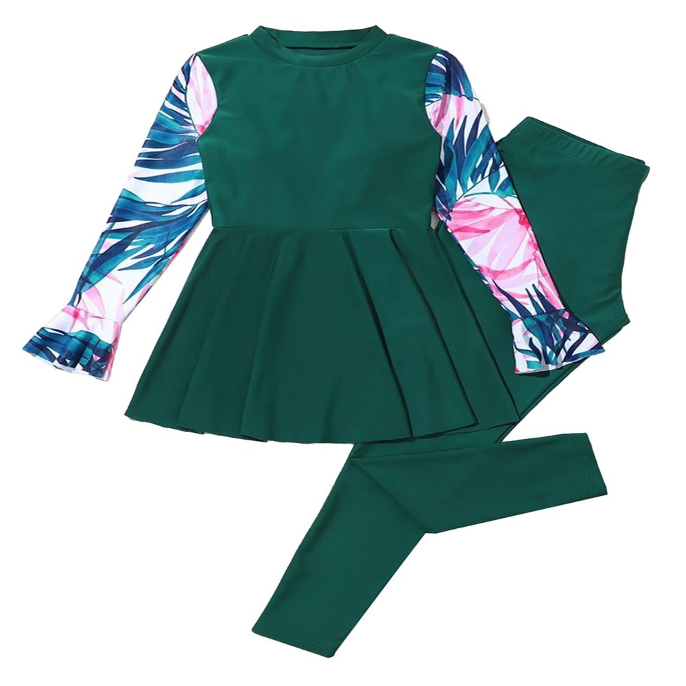 Hedmy Girls Rash Guard Swimsuit Teen 2-Pieces Quick Dry Bathing Suit UPF 50+ Wetsuit for Swimming Surfing Green 7-8 Years