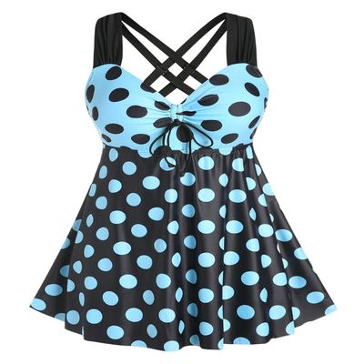 ROSE GAL Womens Plus Size Curve Cinched Polka Dot Crisscross Modest Tankini Swimsuit Set(Light Blue_1/1X)